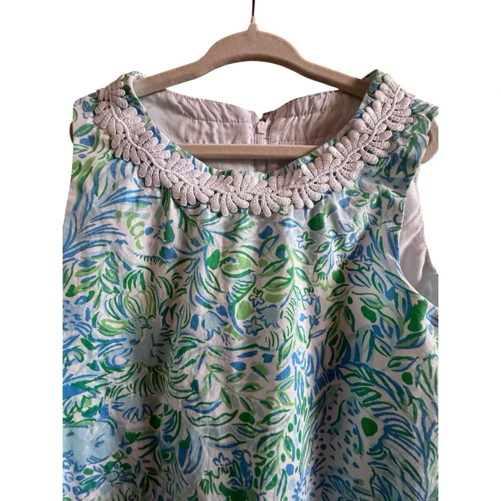 Lily Pulitzer Girl's Sz 7 Shift Dress Blue Green Shift Lace Trim NecklinePockets